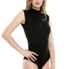 Black mock-neck cotton bodysuit with brazilian cut and hook-and-eye closure, breathable for everyday wear.
