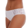 Breathable cotton bikini briefs with a wide lace band wrapping the hips for a decorative finish.