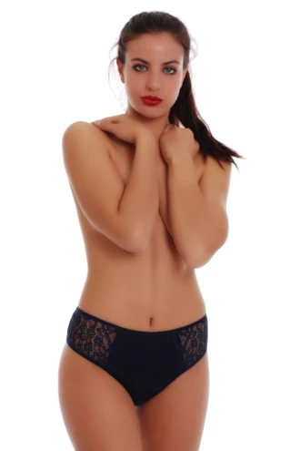 Breathable cotton bikini briefs with a sheer lace hip band and a comfortable mid rise.