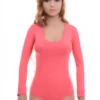 Breathable cotton bodysuit with long sleeves and hook-and-eye closure, fitted from shoulder to hip.