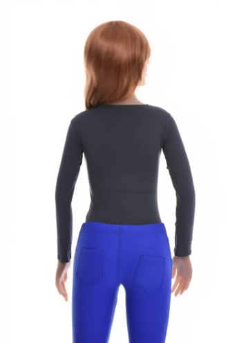 Breathable cotton bodysuit with long sleeves and hook-and-eye closure, fitted from shoulder to hip.