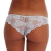 Breathable cotton Brazilian panties with a textured floral lace front and an open, low cut.