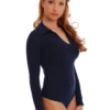 Breathable V-neck cotton bodysuit with full-length sleeves and hook-and-eye gusset closure.
