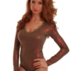 Women's bronze microfiber bodysuit with a V-neckline, long sleeves and a thong cut, with a faint metallic shimmer.