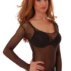 Women's brown lace bodysuit over sheer mesh with a scoop neck and long sleeves in a shirt-style cut.