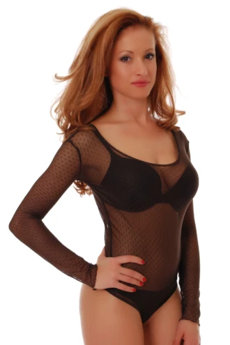 Women's brown lace bodysuit over sheer mesh with a scoop neck and long sleeves in a shirt-style cut.