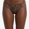 Brown mesh Brazilian panties with a floral lace front panel and satin bows, moderate coverage and open sides.