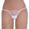 Candy pink lace G-string on fine dotted mesh with scalloped edges and a slim string back, low-rise minimal coverage.