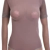 Cappuccino lace bodysuit with mock neck, short sleeves and thong cut over a sheer mesh base.
