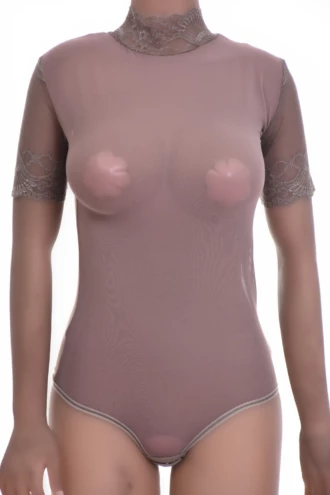 Cappuccino lace bodysuit with mock neck, short sleeves and thong cut over a sheer mesh base.