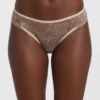 Cappuccino all-lace Brazilian panties with floral lace and scalloped edges, moderate coverage low-rise.