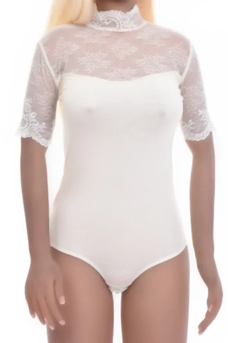 Champagne cotton bodysuit with lace trim, a mock neck, short sleeves and thong cut for a clean line.