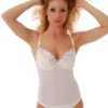 Women's champagne lace bodysuit over sheer mesh with molded cups, spaghetti straps and a thong cut.