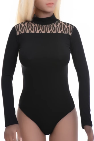 Close polo-style cotton bodysuit in black with thong bottom and breathable soft fabric for daily wear.