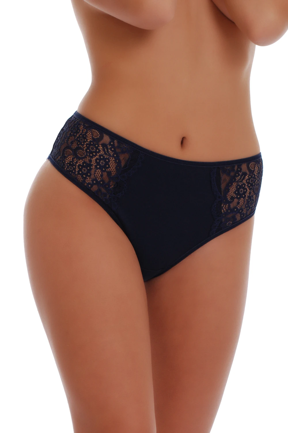 Cotton bikini briefs with a breathable opaque front and sheer floral lace wrapping the back.