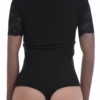 Soft cotton-blend bodysuit with short sleeves and decorative lace, worn on its own or layered.