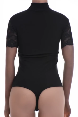 Soft cotton-blend bodysuit with short sleeves and decorative lace, worn on its own or layered.
