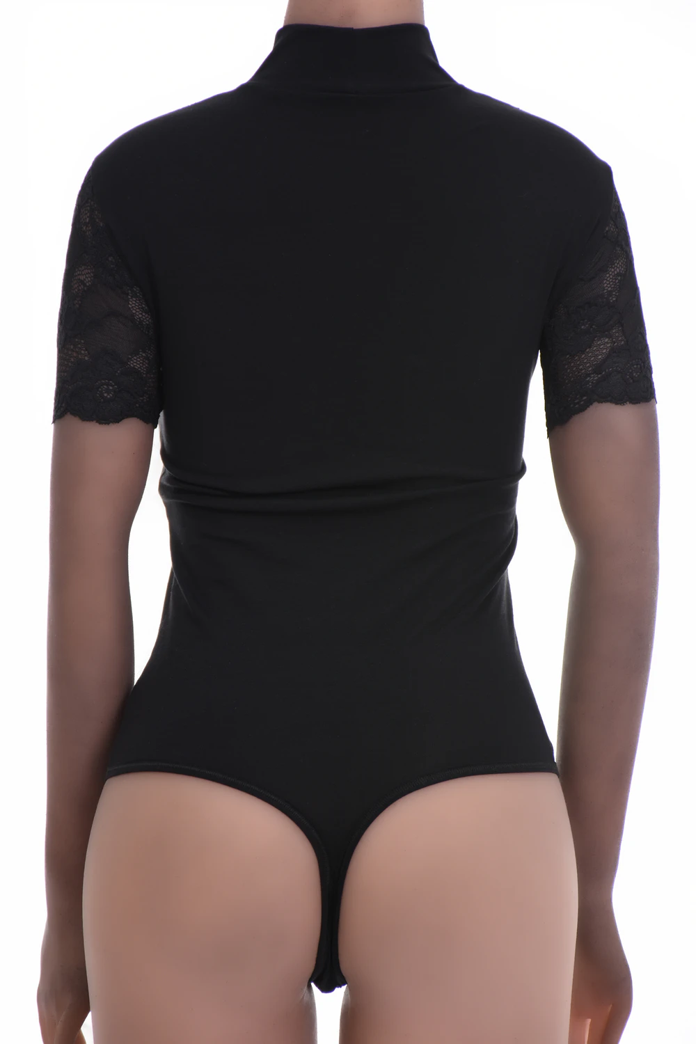 Soft cotton-blend bodysuit with short sleeves and decorative lace, worn on its own or layered.