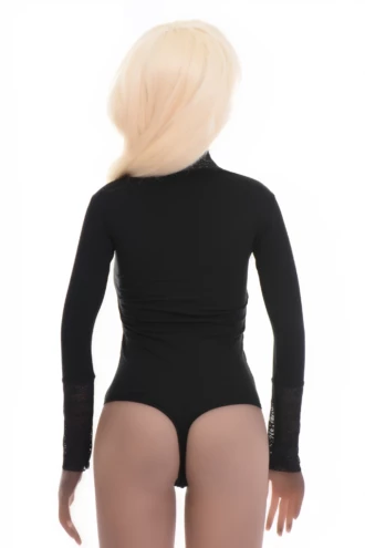 Long-sleeve cotton-blend bodysuit with thong cut and decorative lace trim, a versatile day-to-dressy layer.