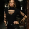 Long-sleeve cotton bodysuit in a polo shape with mock neck, layered under a blazer without bulk.