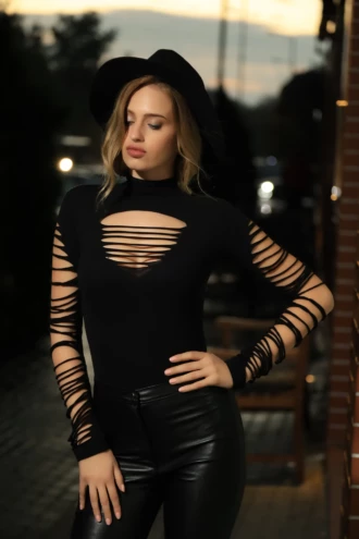Long-sleeve cotton bodysuit in a polo shape with mock neck, layered under a blazer without bulk.