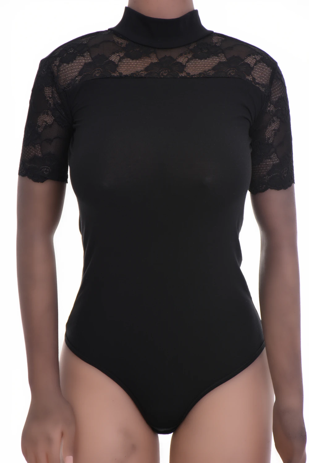 Cotton bodysuit with mock neck, short sleeves and thong cut, a clean polished base for daily wear.