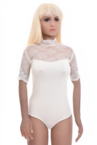 Cotton bodysuit with polo-style mock neck and thong cut, hook-and-eye gusset holding it in place.