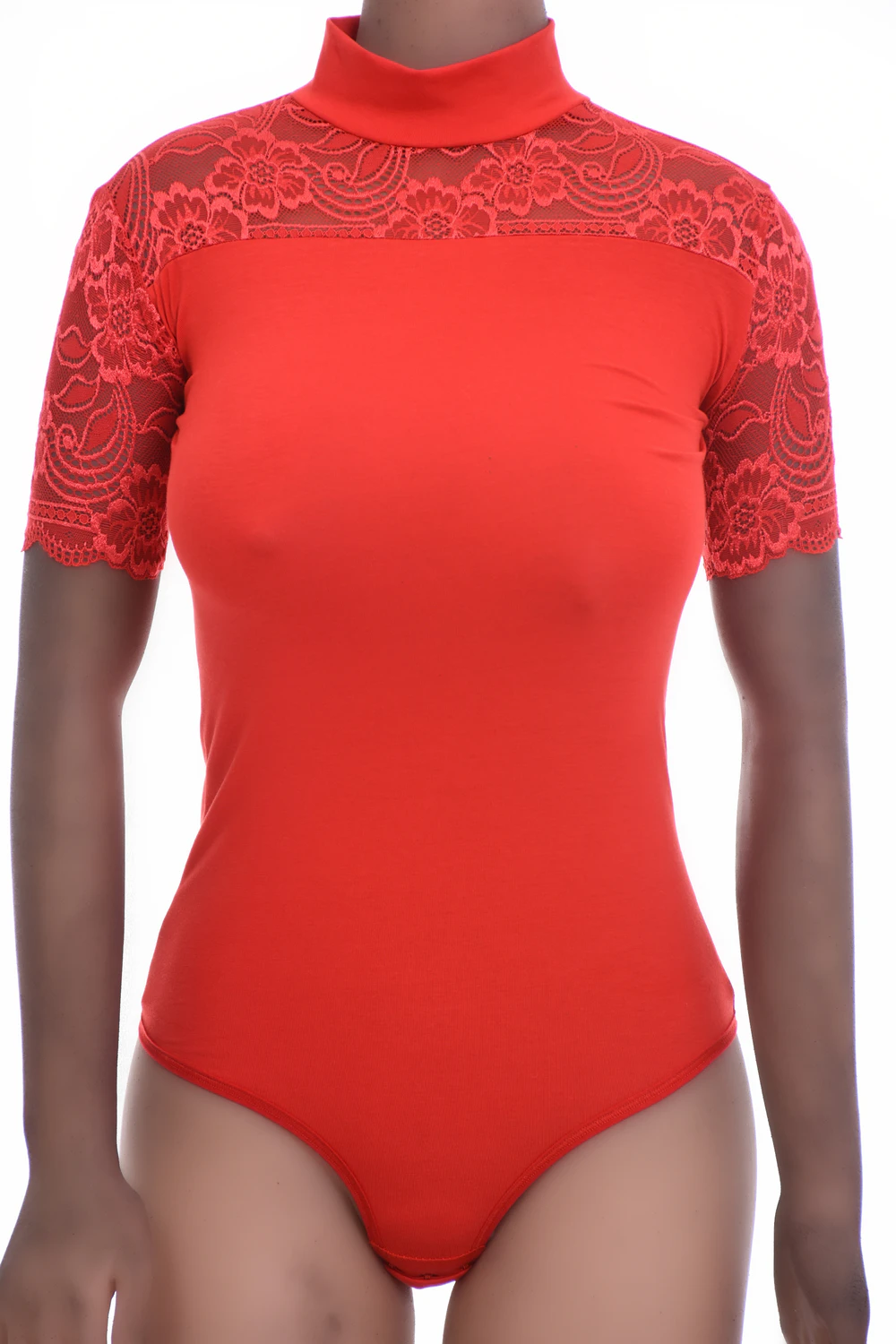 Cotton bodysuit with polo-style mock neck and thong cut, hook-and-eye gusset holding it in place.