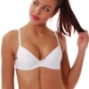 Cotton-blend bra with smooth molded cups and a clean rounded neckline, sitting flat under T-shirts.