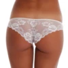 Cotton Brazilian panties with floral lace front and scalloped edges, moderate coverage at the back.