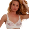 Cotton-and-lace bra with floral lace cups and a steady cotton band, breathable next to the skin for fuller sizes.