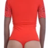 Lace-trimmed cotton-blend bodysuit with short sleeves, soft and easy under an open shirt.