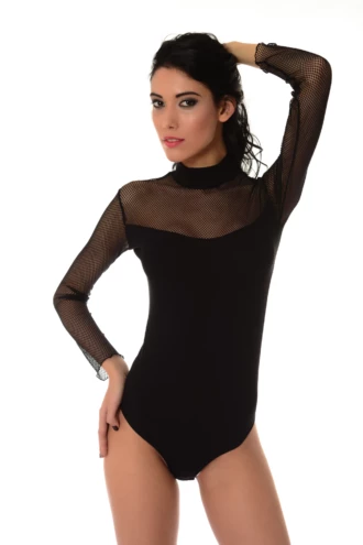 Cotton-and-mesh bodysuit by Tiara Galiano with polo-style cut and thong back, a dressed-up base layer.