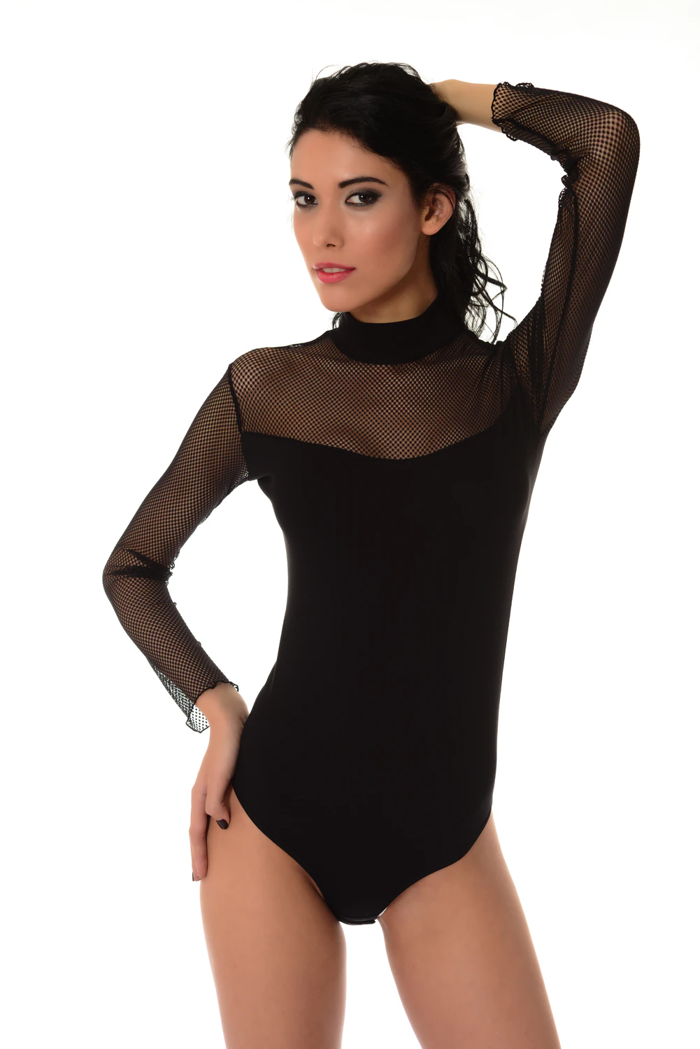 Cotton-and-mesh bodysuit by Tiara Galiano with polo-style cut and thong back, a dressed-up base layer.