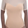 Cotton-blend bodysuit with sheer mesh detail and thong back, close for a smooth line under clothing.