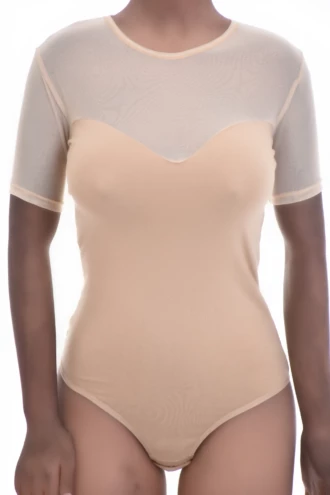 Cotton-blend bodysuit with sheer mesh detail and thong back, close for a smooth line under clothing.