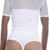 Cotton-blend bodysuit with mesh detail and thong back that holds a smooth line under fitted clothing.