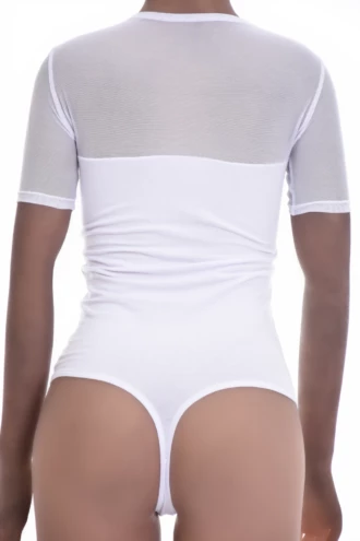 Cotton-blend bodysuit with mesh detail and thong back that holds a smooth line under fitted clothing.