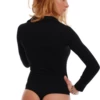 Cotton shirt bodysuit with full-length sleeves and a clean V-neck, easy on its own with denim.