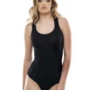 Cotton-blend tank bodysuit with brazilian coverage, breathable and soft for everyday layering under clothing.