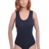 Cotton-blend tank bodysuit with racerback and brazilian coverage, breathable and smooth under clothing.