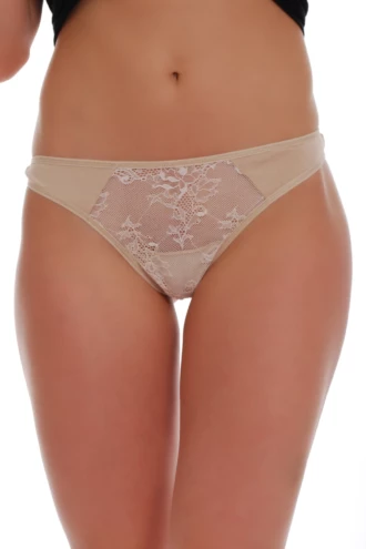Soft cotton-blend thong with a floral lace front and clean smooth sides, low-rise minimal coverage.