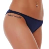 Tonal pebbled print on a smooth dark blue microfiber body with slim double straps at each hip.