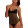 Dark green lace bodysuit over sheer mesh with molded cups, spaghetti straps and a thong cut.