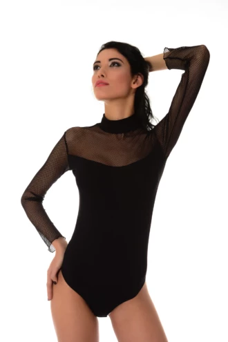 Decorative cotton-blend bodysuit with mesh detail and hook-and-eye closure, comfortable for all-day wear.