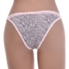 Dressy printed pink-and-gray cotton bikini briefs with thin sides and a pink mesh waist trim.