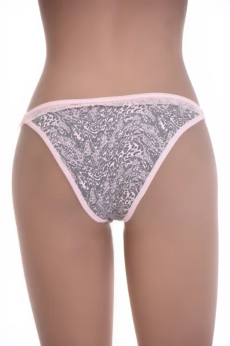 Dressy printed pink-and-gray cotton bikini briefs with thin sides and a pink mesh waist trim.