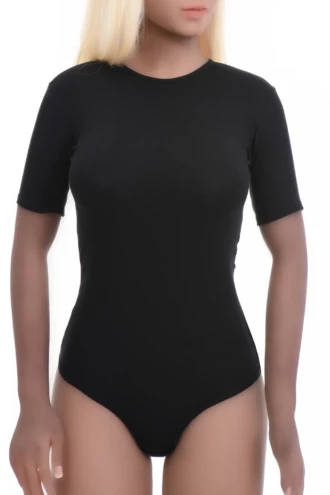 Everyday cotton T-shirt bodysuit with round neckline and short sleeves, fitted close to the body.