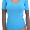 Soft fitted cotton T-shirt bodysuit with scoop neck, a plain tee that stays exactly where you put it.