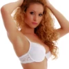 Floral-lace bra with molded cups holding a rounded shape and underwire support, with thin adjustable straps.